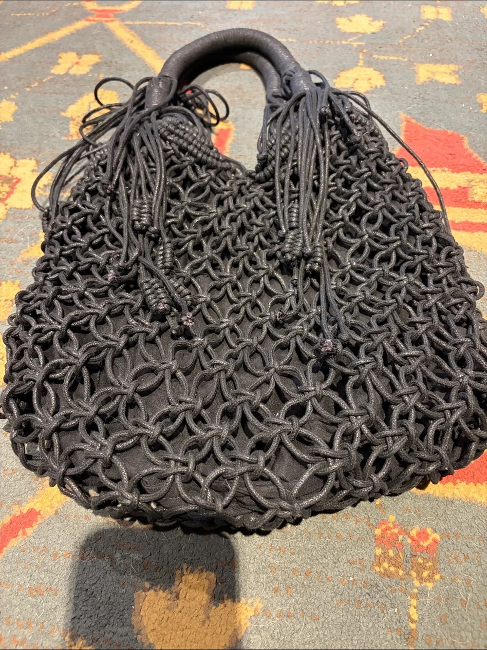 Black Macramé Tote Bag with Braided Handles